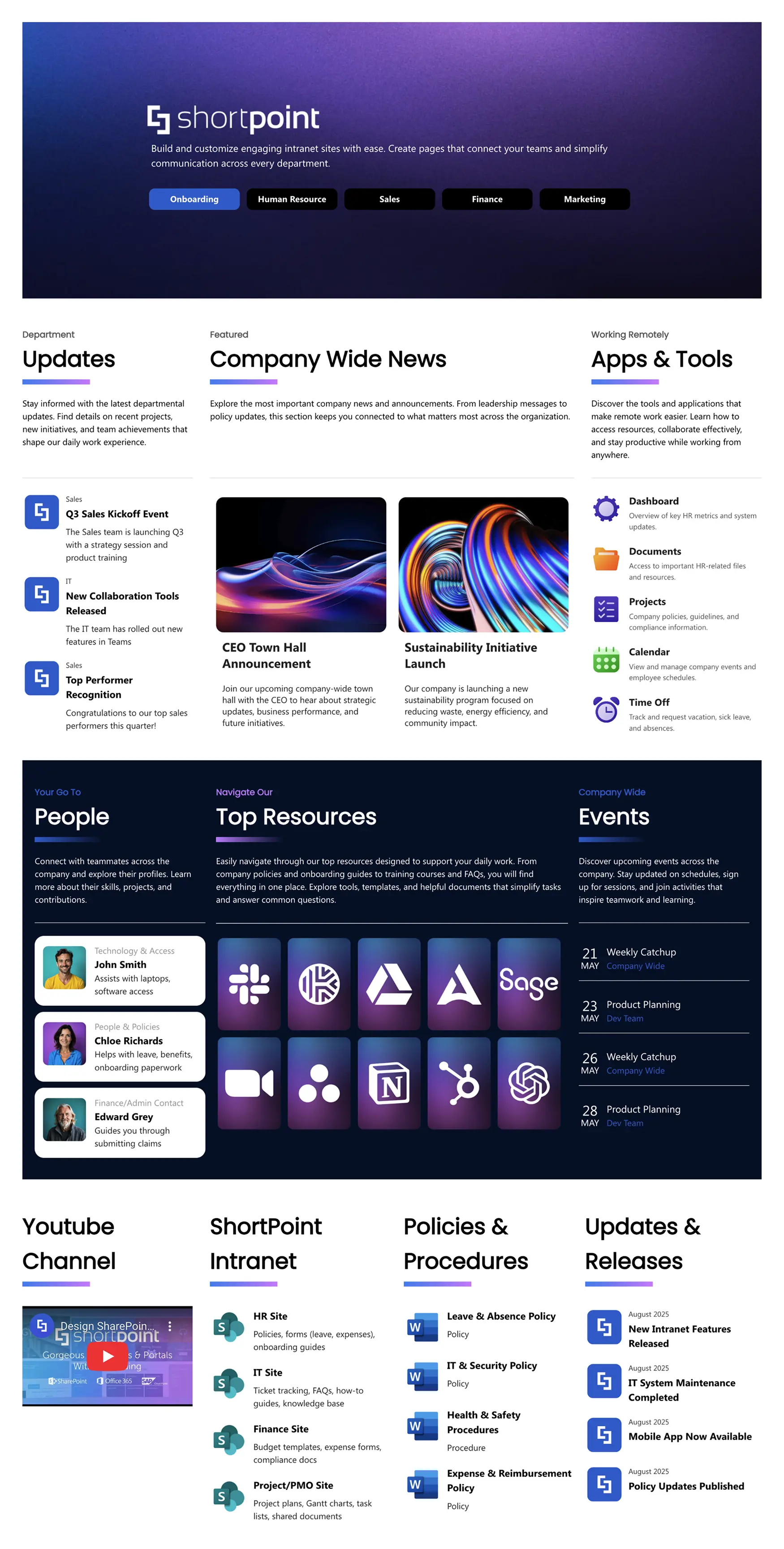Intranet Layout 2 – SharePoint Homepage Design: Modern homepage for news, tools, people, and events.