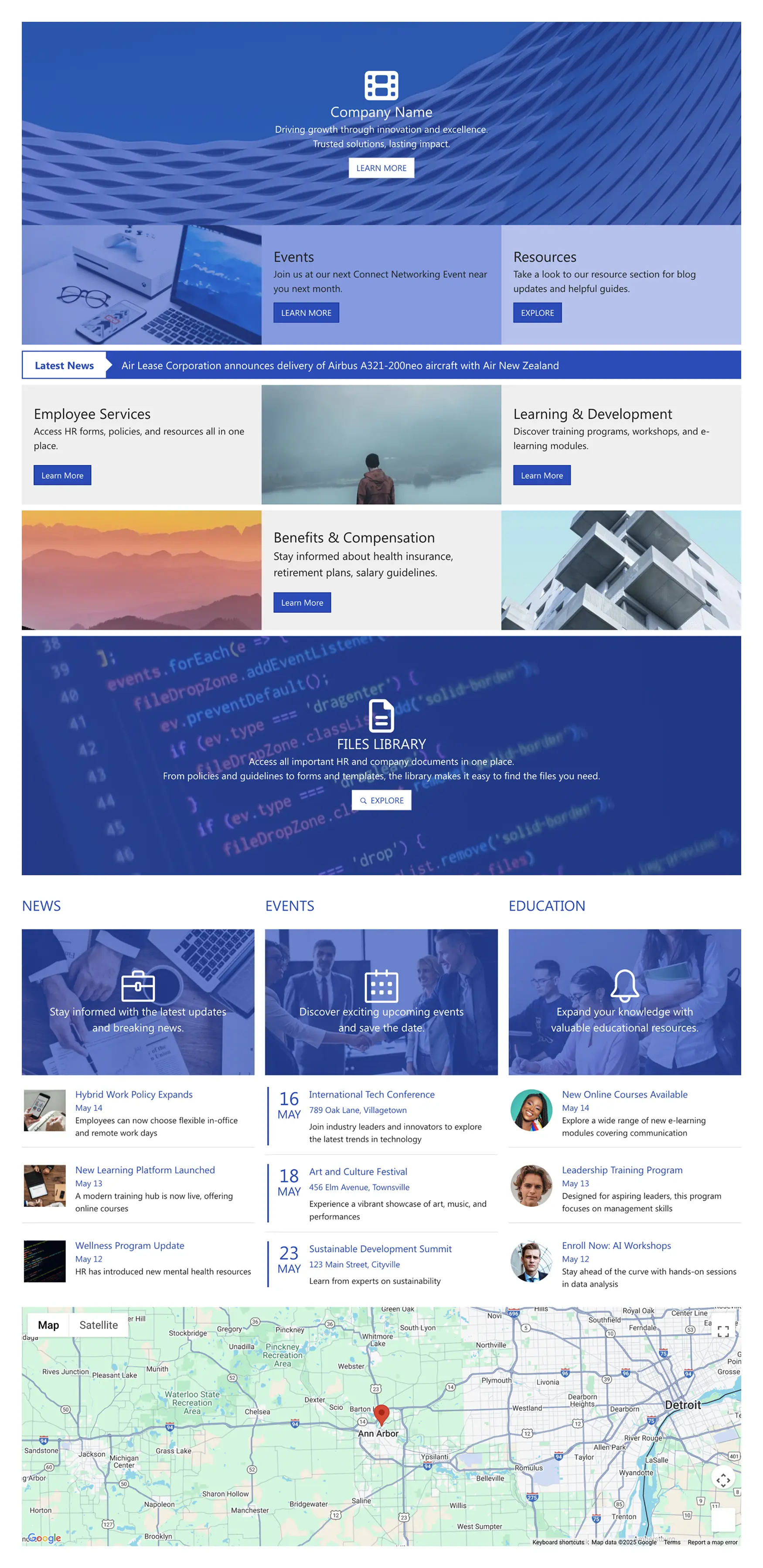 Intranet Layout 3 – SharePoint Homepage Template: Homepage that surfaces news, services, events, and resources.