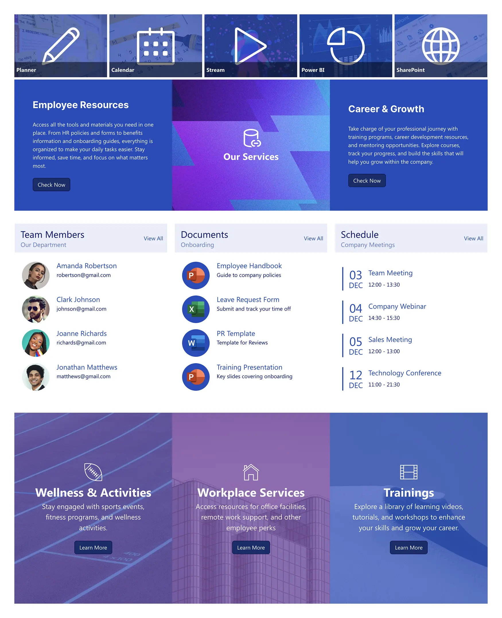 Intranet Layout 4 – Intranet Page Template: Centralize resources, documents, schedules, and employee services.