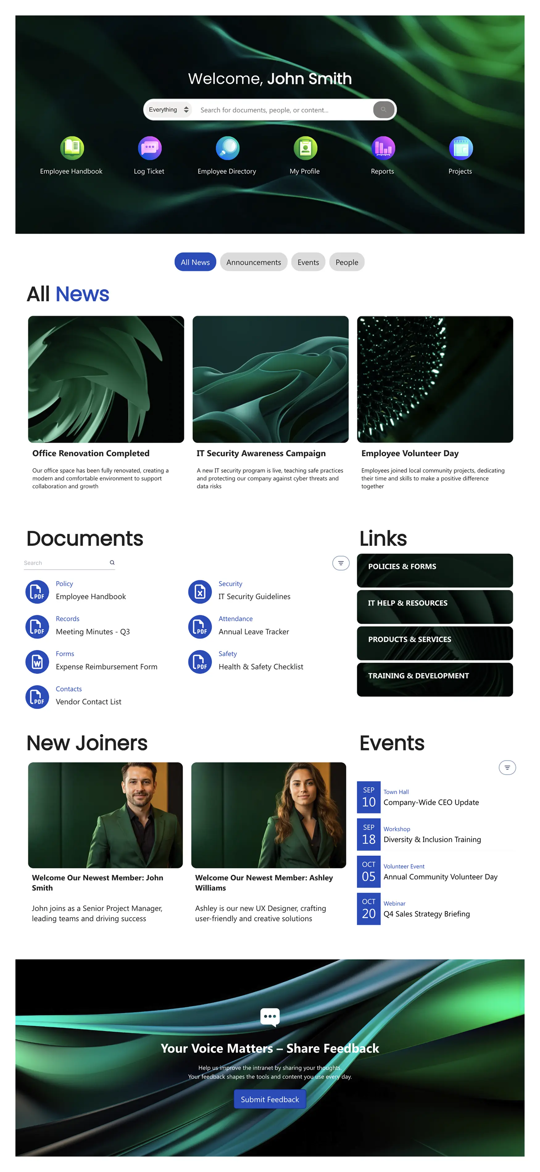 Intranet Layout 6 – SharePoint Homepage Design: Personalized intranet homepage for search, news, and actions.