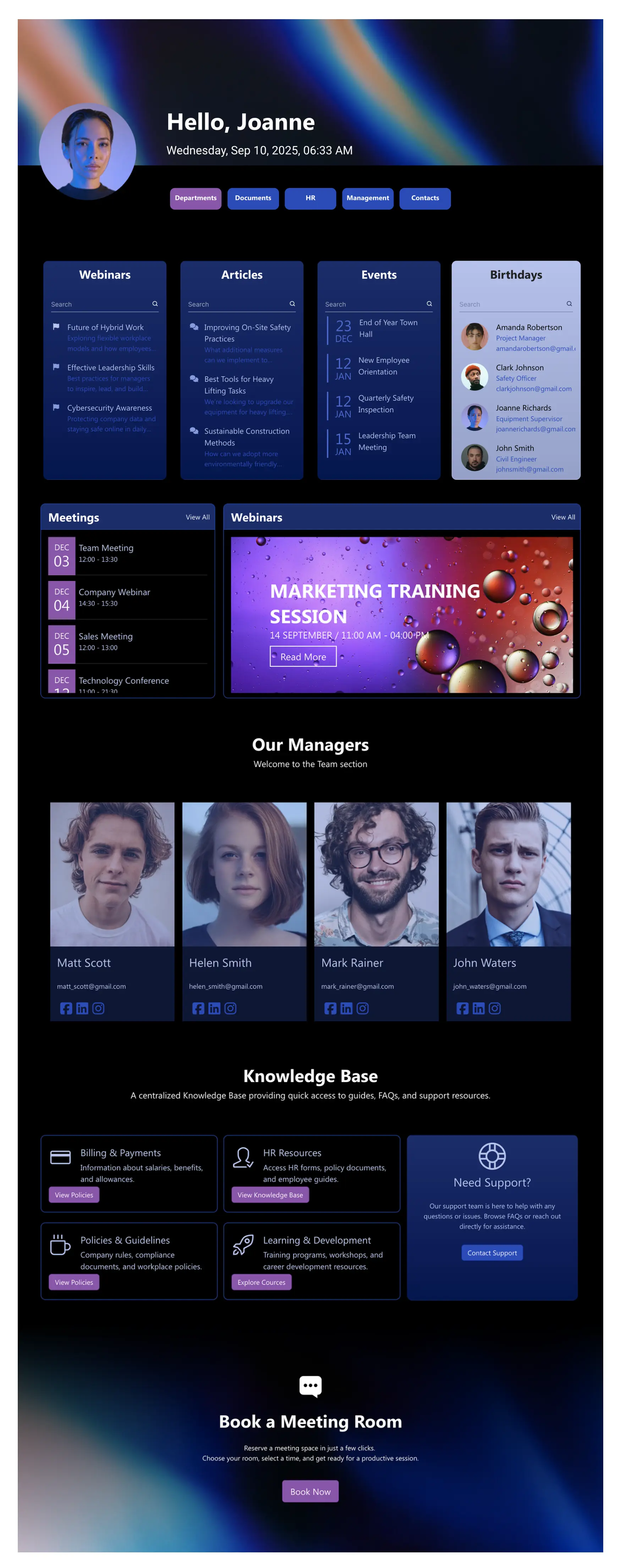 Knowledge Portal 5 – SharePoint Profile Page: Personalized hub for people, milestones, meetings, and FAQs.