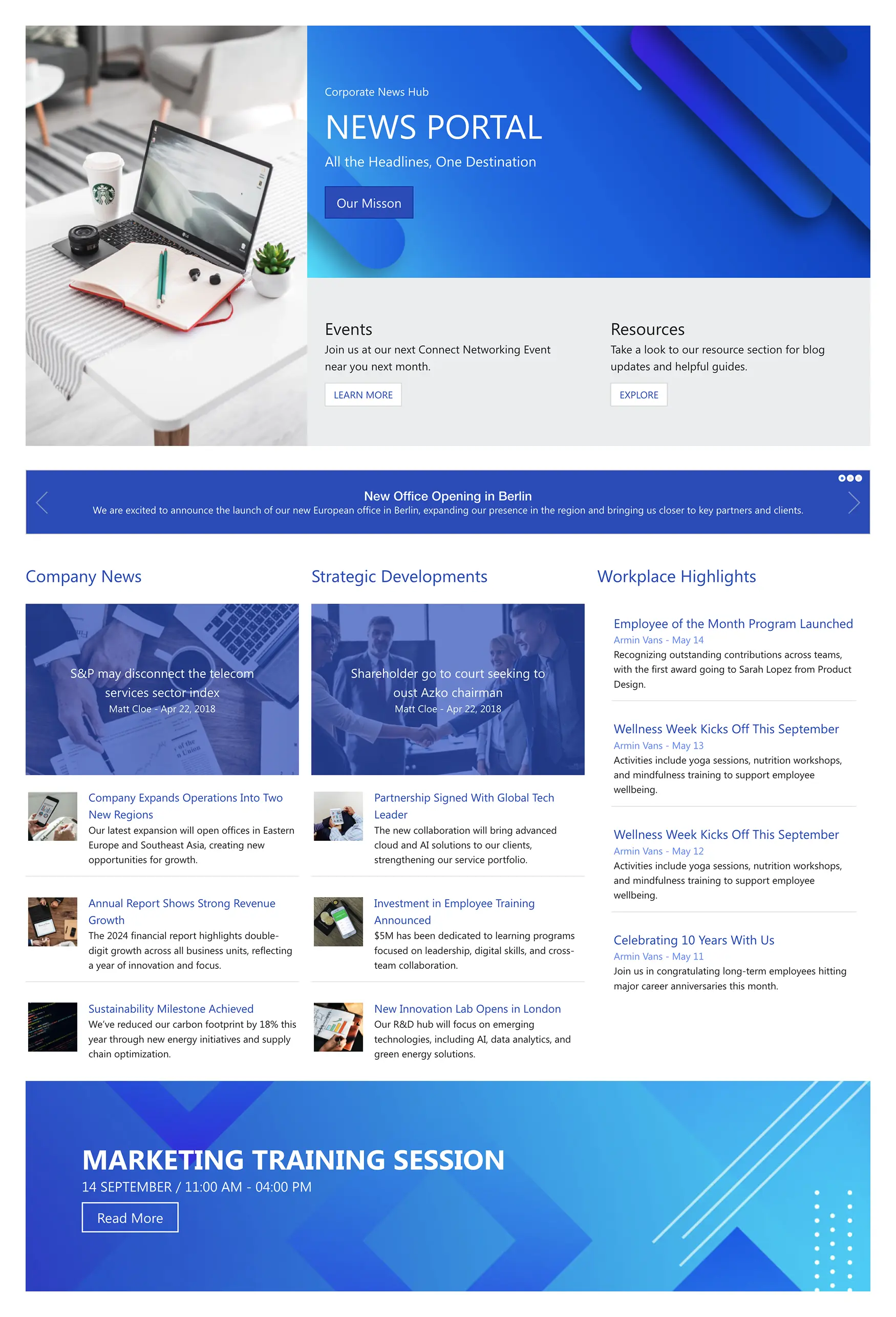 Marketing 2 – SharePoint Online Communication Site: Centralize company news, events, highlights, and resources.