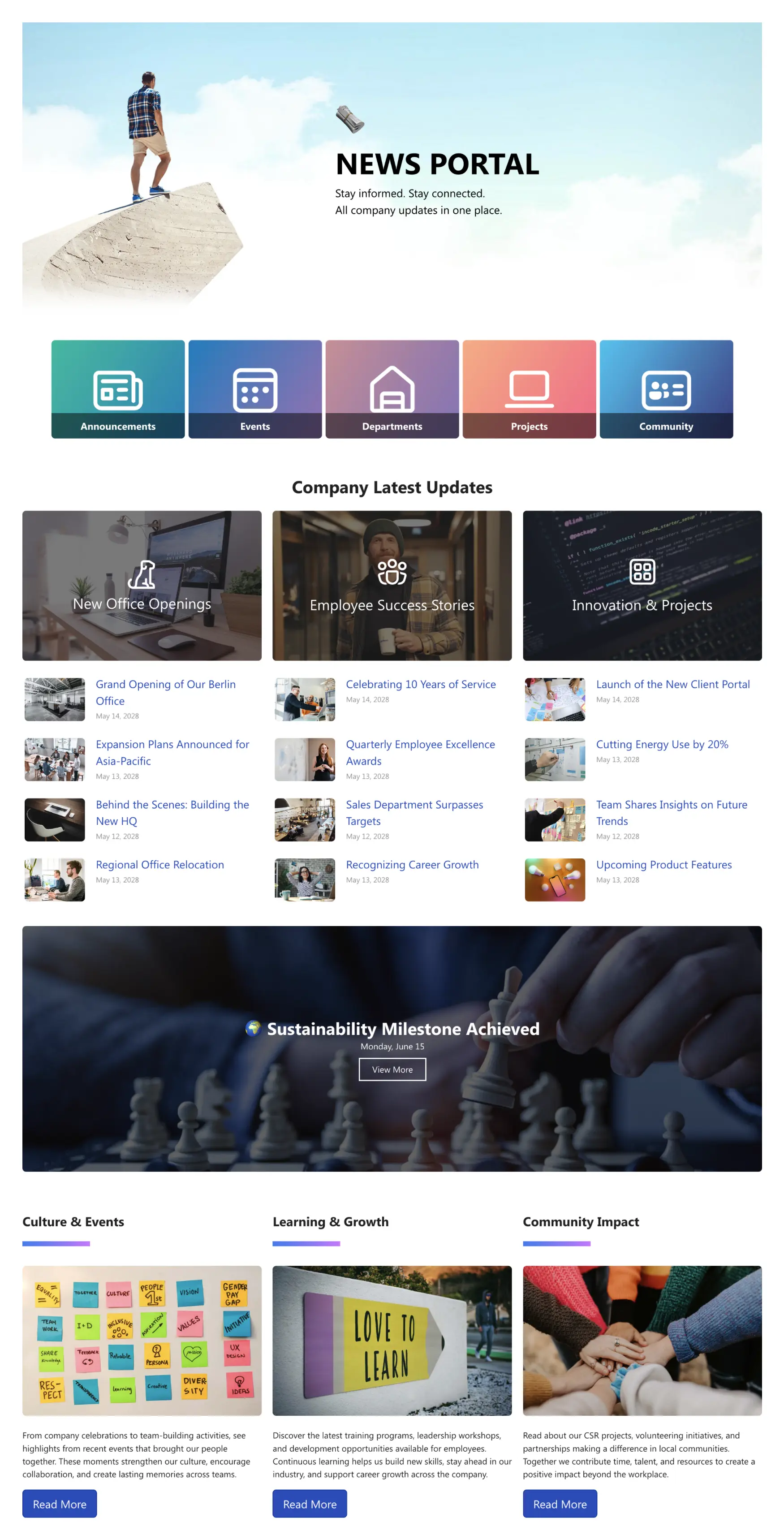 News Portal 3 – SharePoint Newsletter Template: Company news hub for updates, events, and stories.