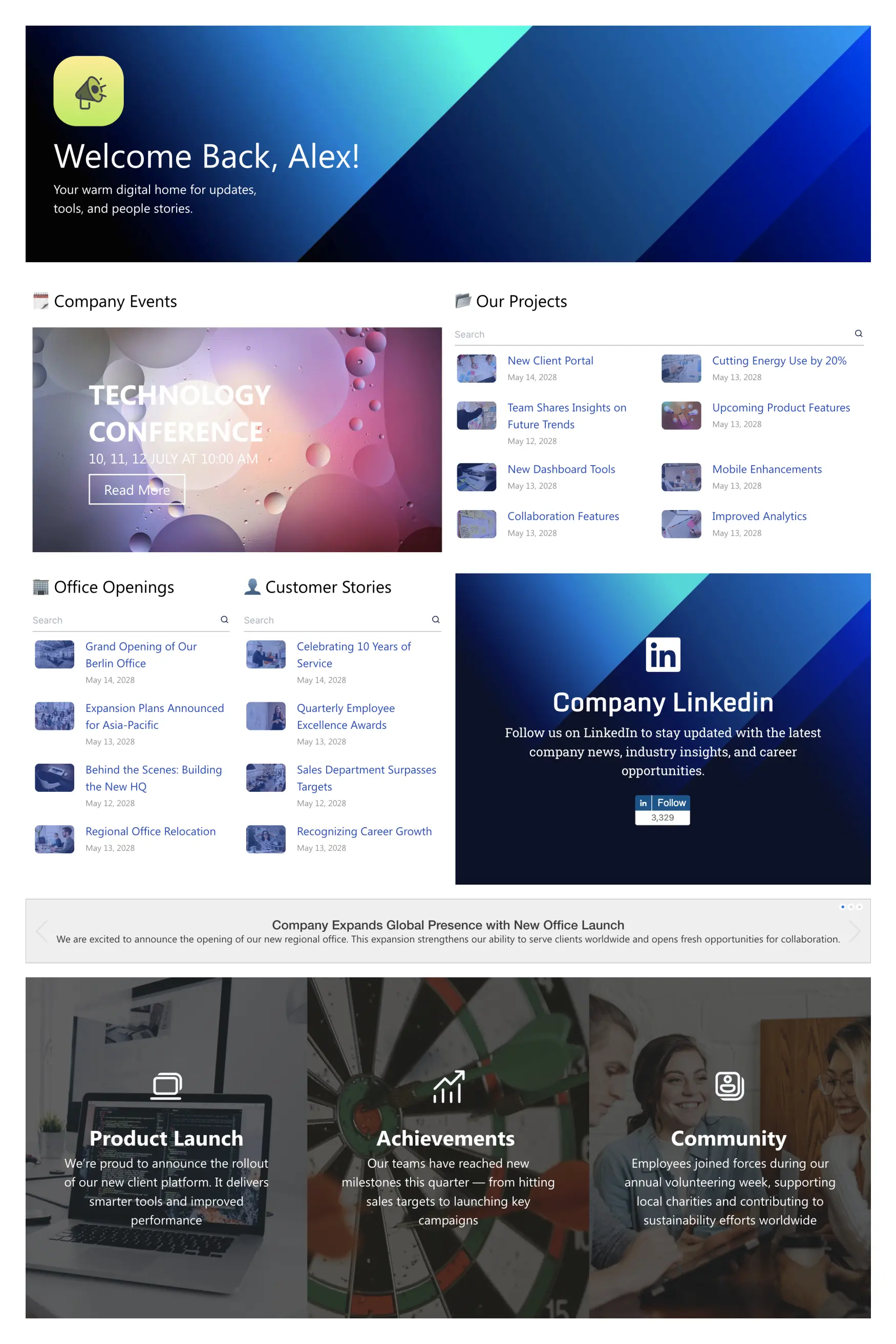 News Portal 5 – Intranet Company News Template: Company news hub with events, projects, and stories.