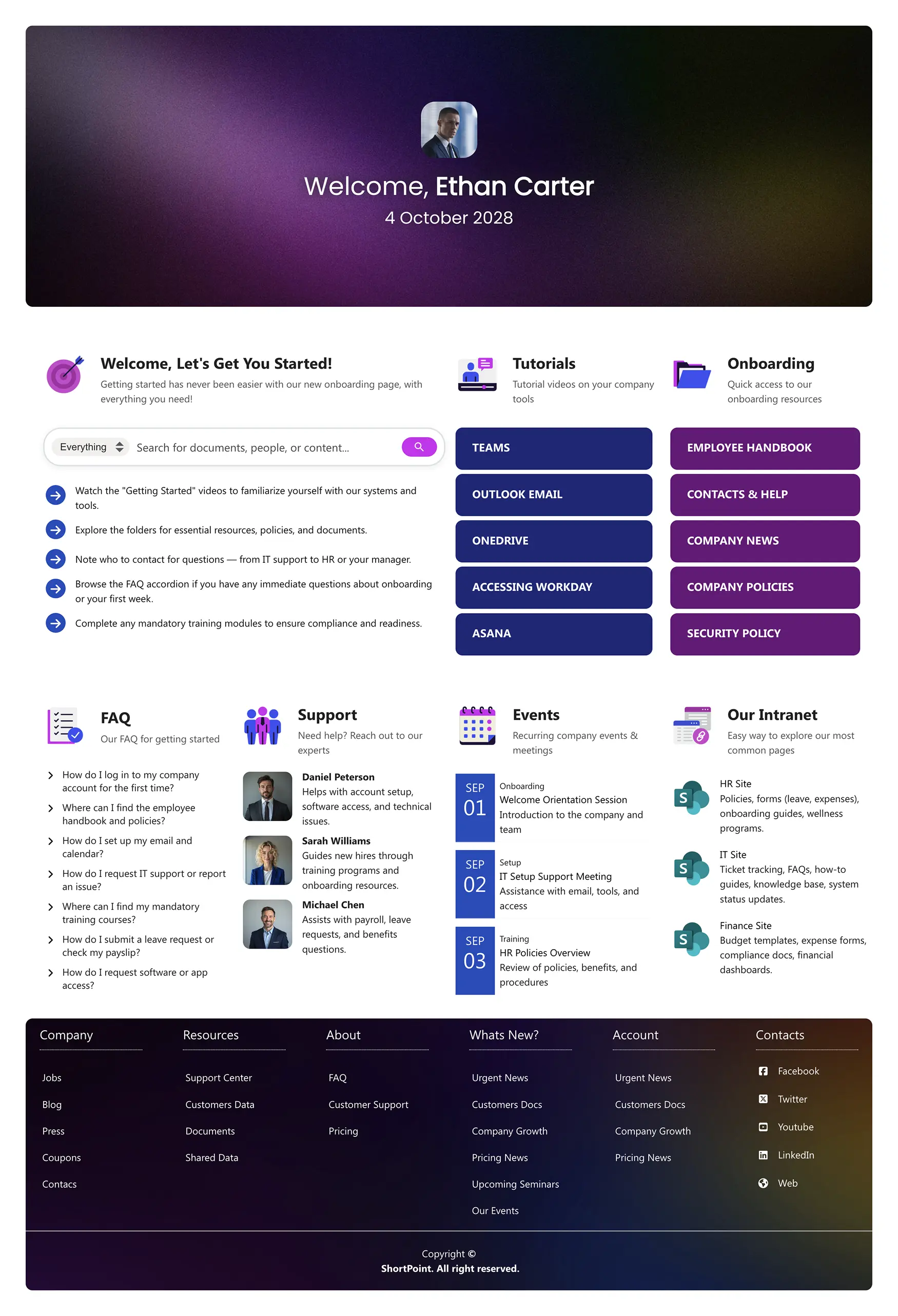 Onboarding 1 – SharePoint Onboarding Template: One central, organized resource for streamlined new hire onboarding.