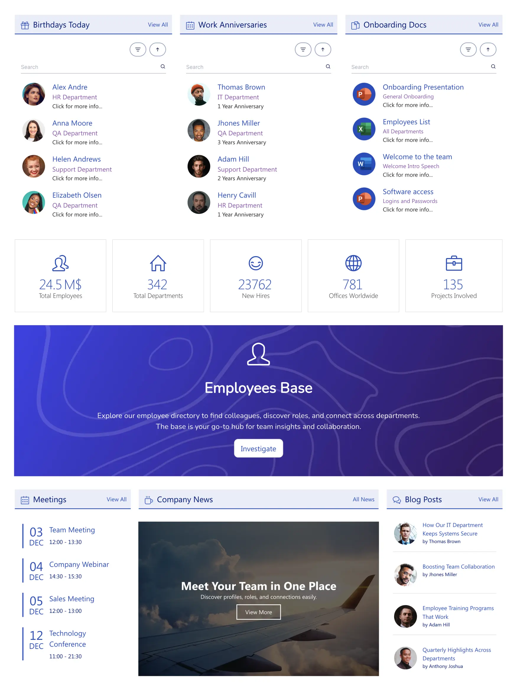 Team Hub 3 – SharePoint Team Site Template: Centralize birthdays, onboarding docs, meetings, news, and people.