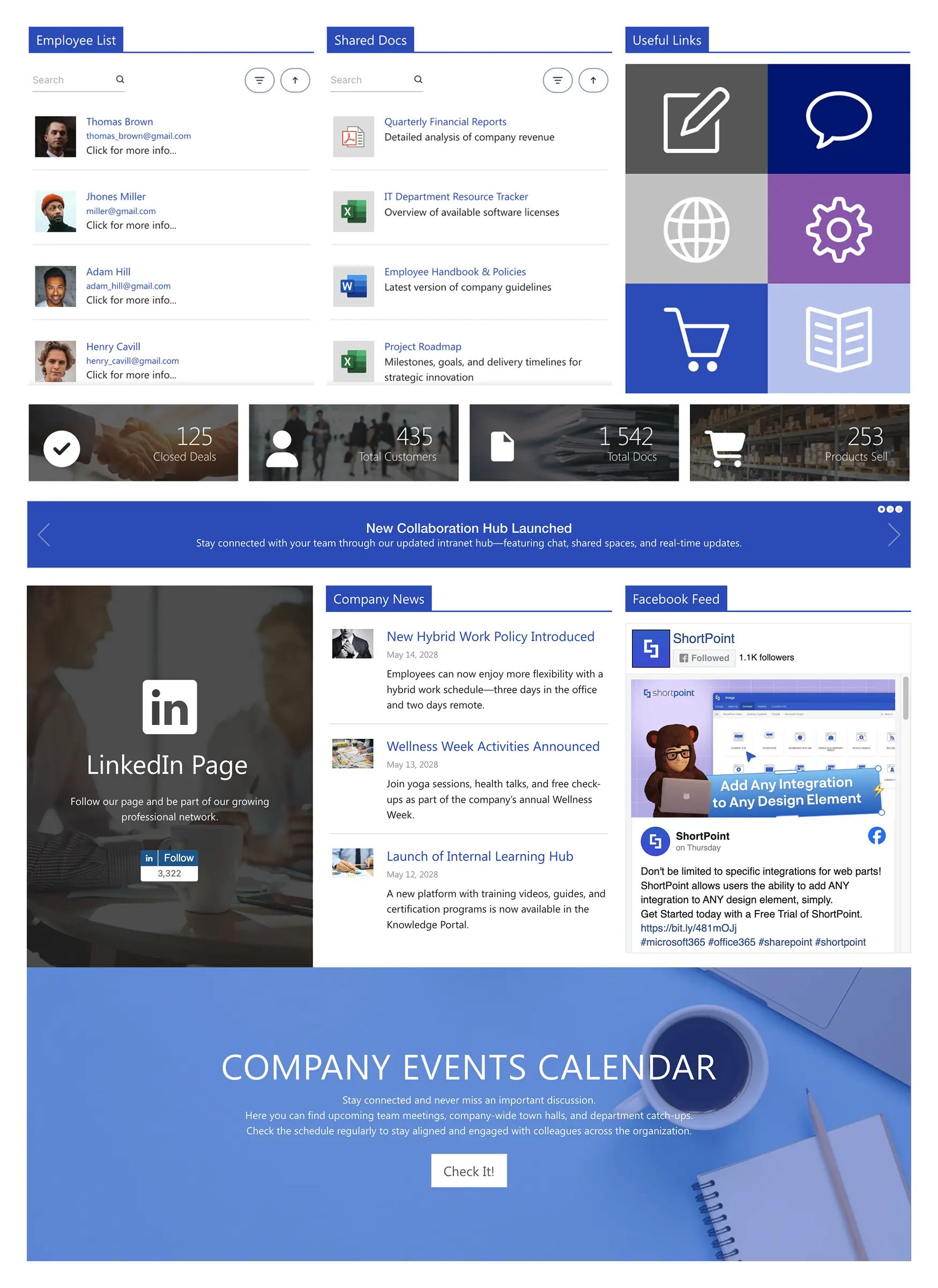 Social Layout 1 – SharePoint Social Intranet Template: Social hub for news, documents, events, and shortcuts.